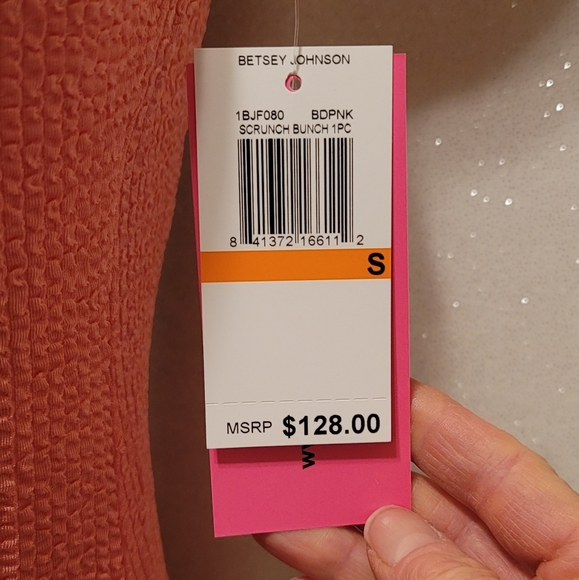 One-piece swimsuit by Betsey Johnson pink retro style rosebud detail, small NEW - Picture 2 of 16